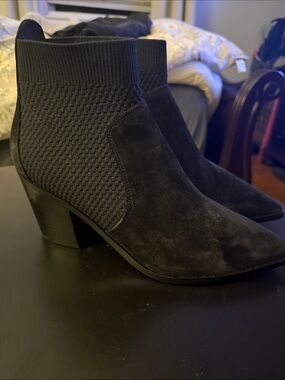 Women's Black Suede Ankle Boots - Stretch Knit Panel